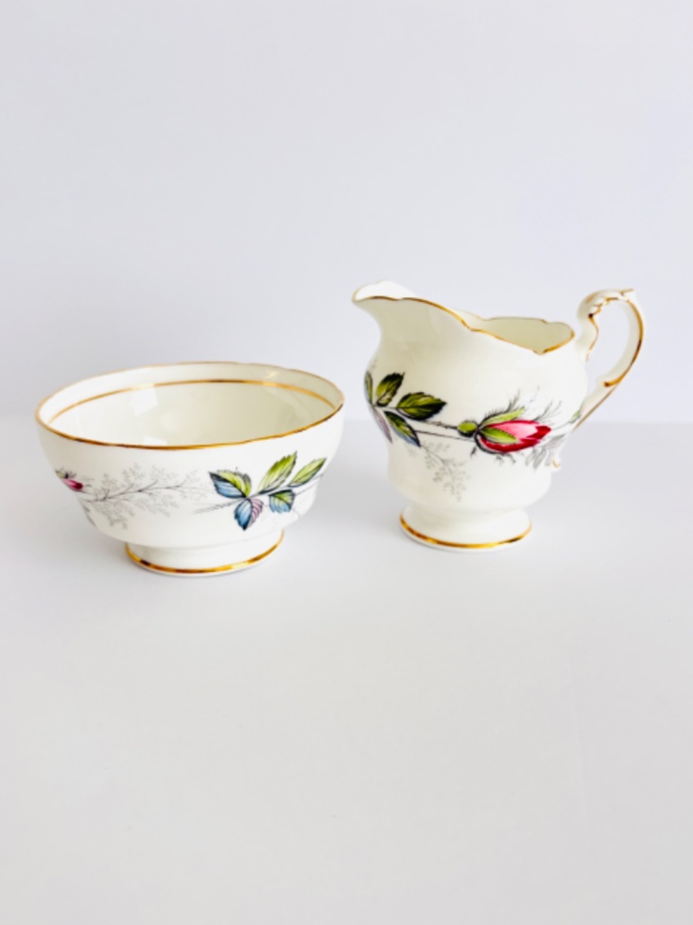 Paragon Bridal Rose Creamer Cream Jug & Open Sugar Bowl Bone China Gold Trim